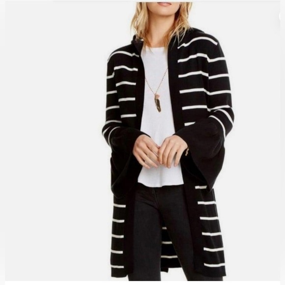 CHASER HOODED STRIPED BELTED CARDIGAN SWEATER BLACK & WHITE NEW WITH TAGS M - Picture 1 of 4